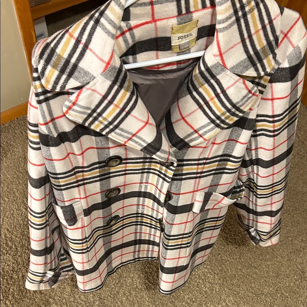 Fossil Women's Checkered Pea Coat - Black, Red, Cream, Tan
